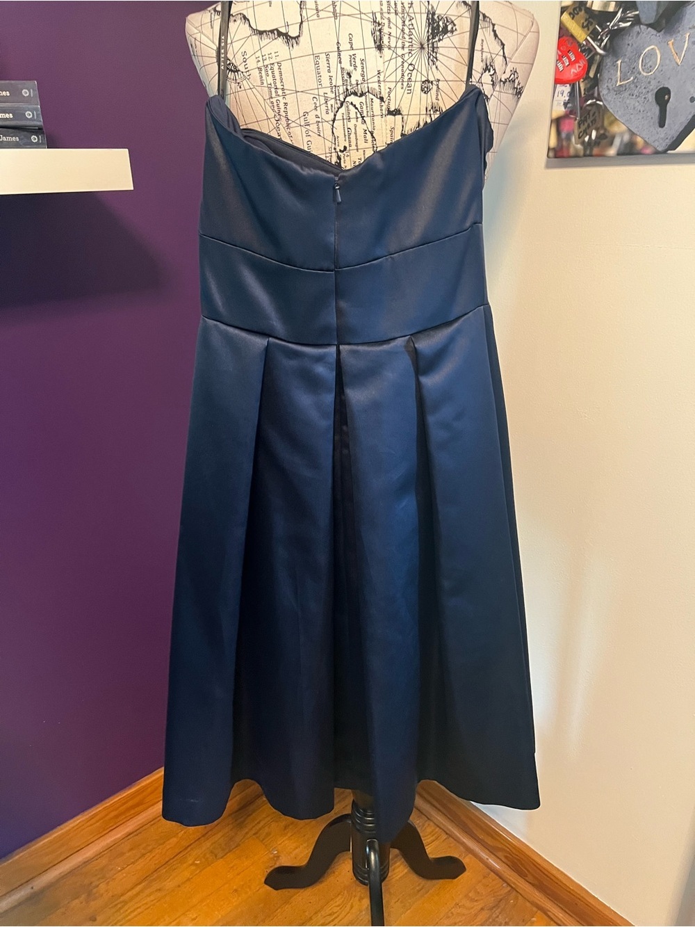 After Six Navy Satin Strapless Dress with Pleated Skirt - Picture 4 of 7